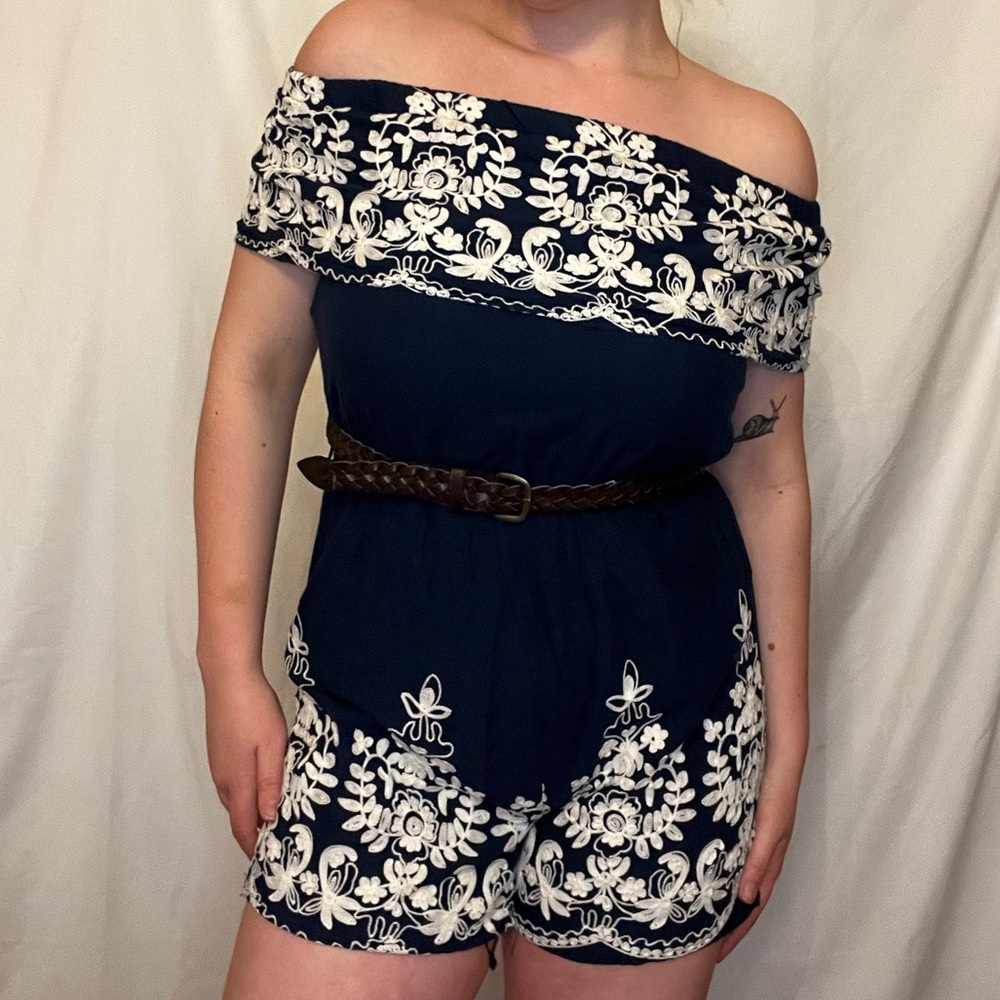 Off the Shoulder Embroidered Romper